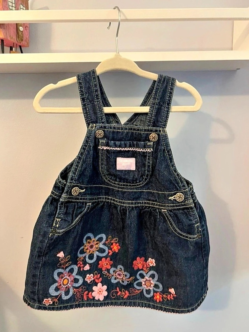 OshKosh B'gosh Denim Floral Embroidered Overall Dress Girls 18 Months